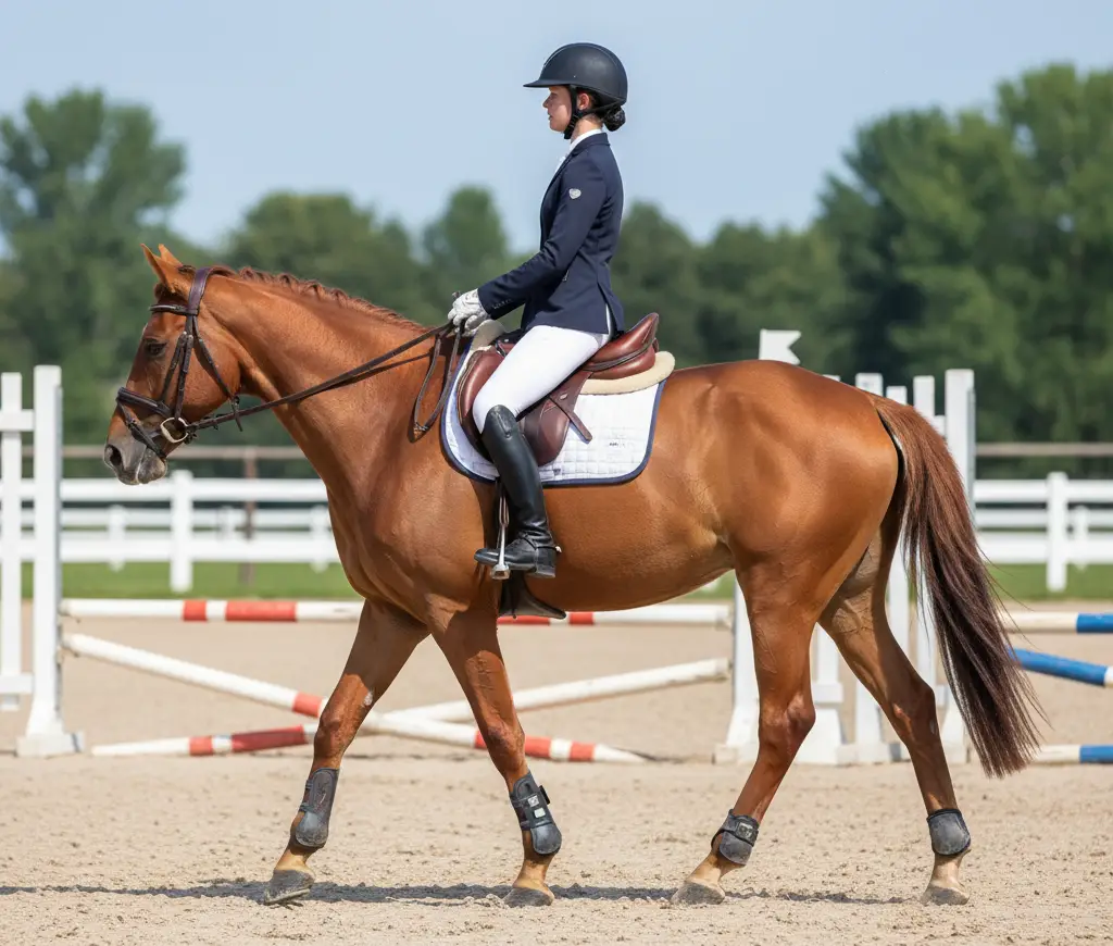 Une cavalière dans une carrière qui a une bonne posture à cheval