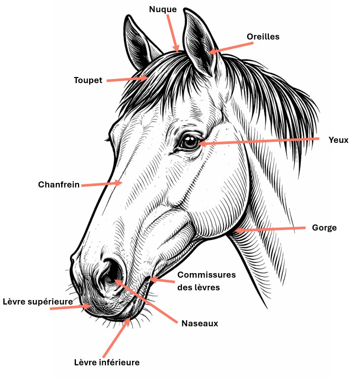 Schéma anatomique des principales parties de la tête du cheval
