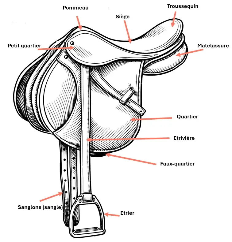 Schéma pour reconnaitre les principales parties de la selle d'équitation