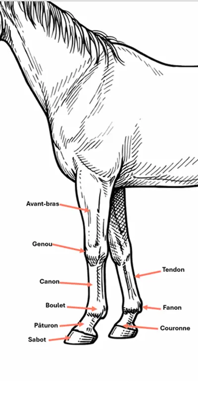 Schéma anatomique des principales parties des antérieurs du cheval