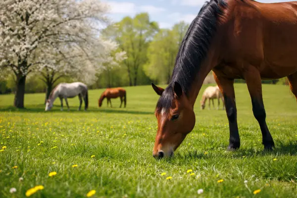 Cheval en train de manger de l'herbe de printemps